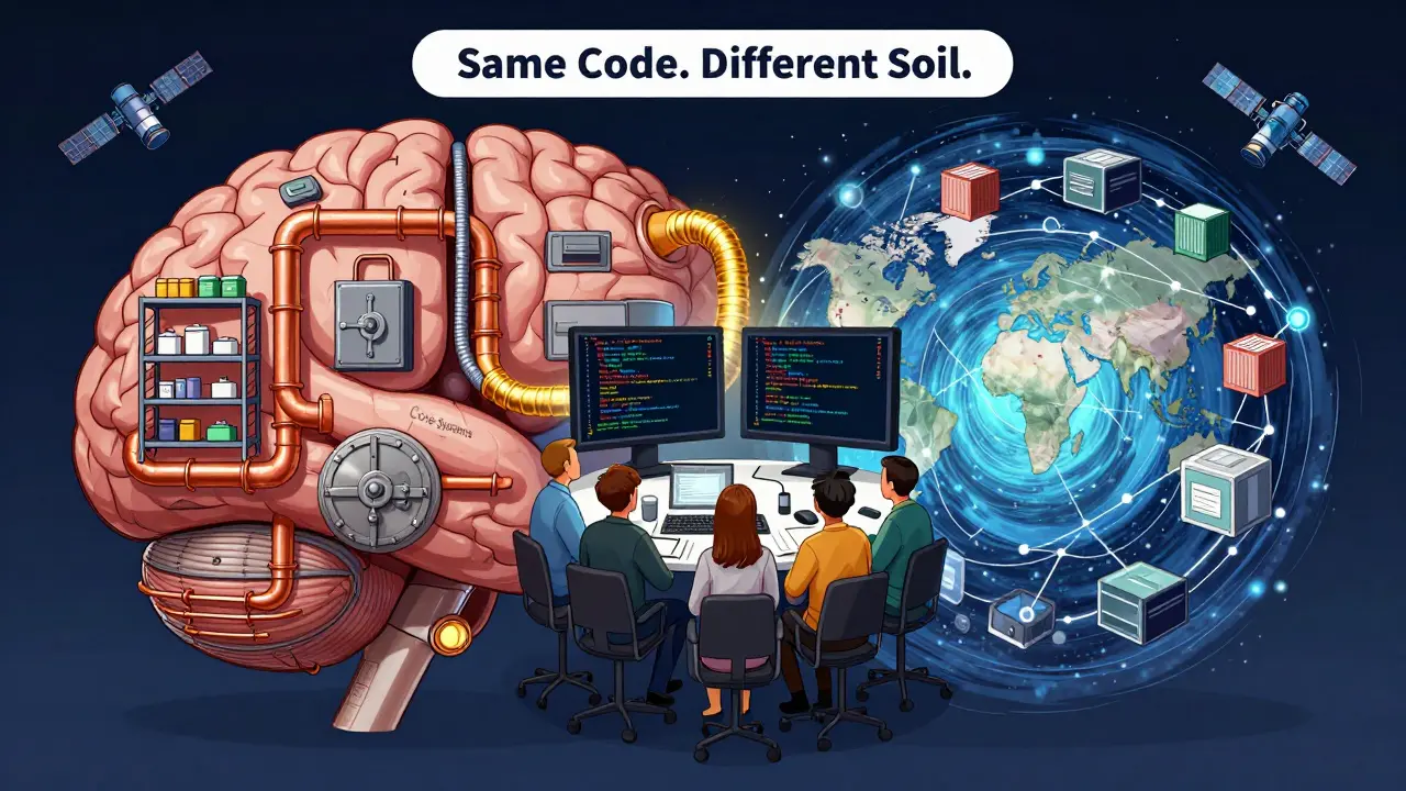 Brain-shaped hybrid infrastructure with on-prem hardware and cloud containers connected by a golden encrypted tunnel.