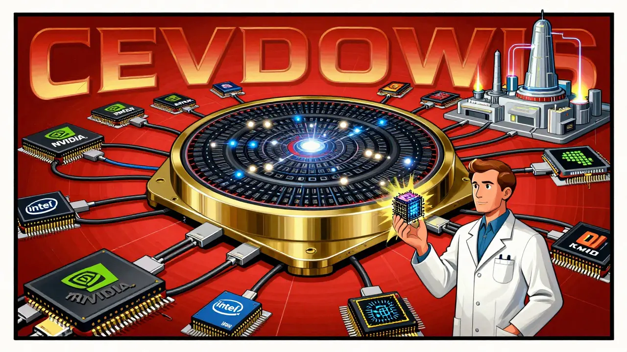 Cerebras wafer surrounded by mixed AI chips connected by Ethernet web in poster style