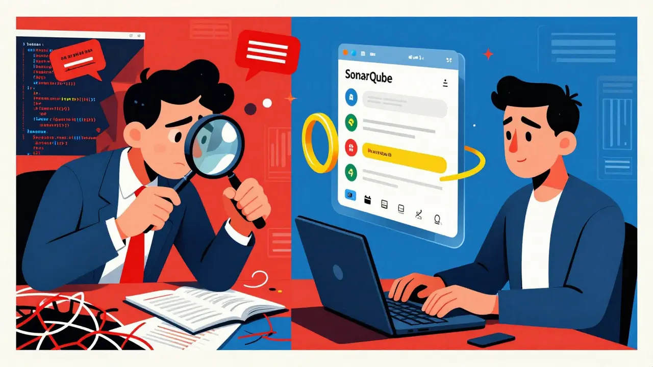 Contrast between chaotic manual code review and calm AI-generated app with passing security scans.