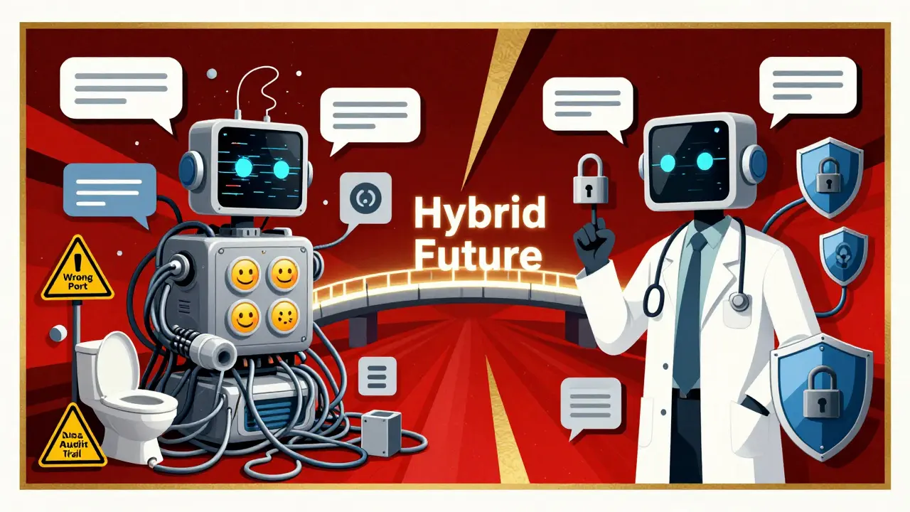 Contrasting scenes of a chaotic, broken AI chatbot and a secured, developer-audited version connected by a glowing bridge.