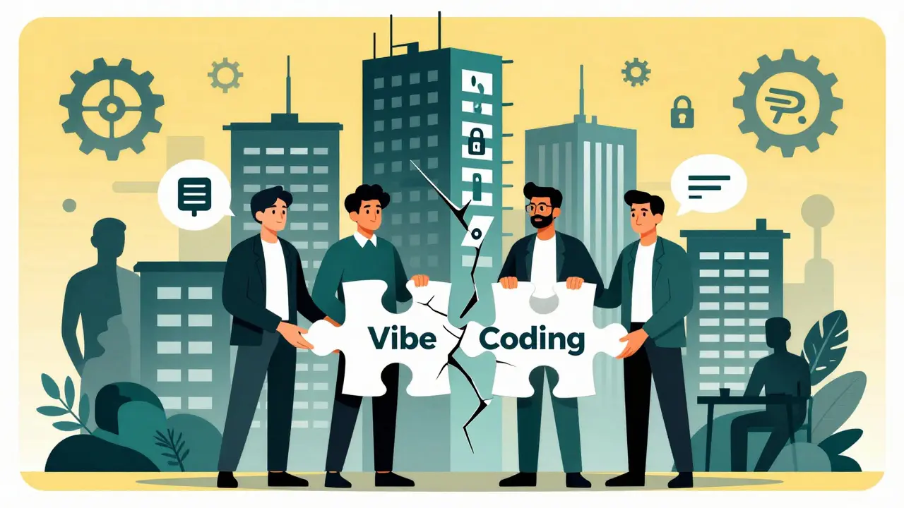 Four people holding puzzle pieces of AI development, with a half-built enterprise city in the background, in stylized poster art.