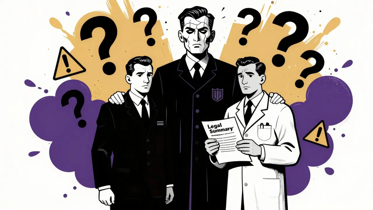 Human experts confronting a fractured AI judge, surrounded by floating warnings over legal and medical documents.