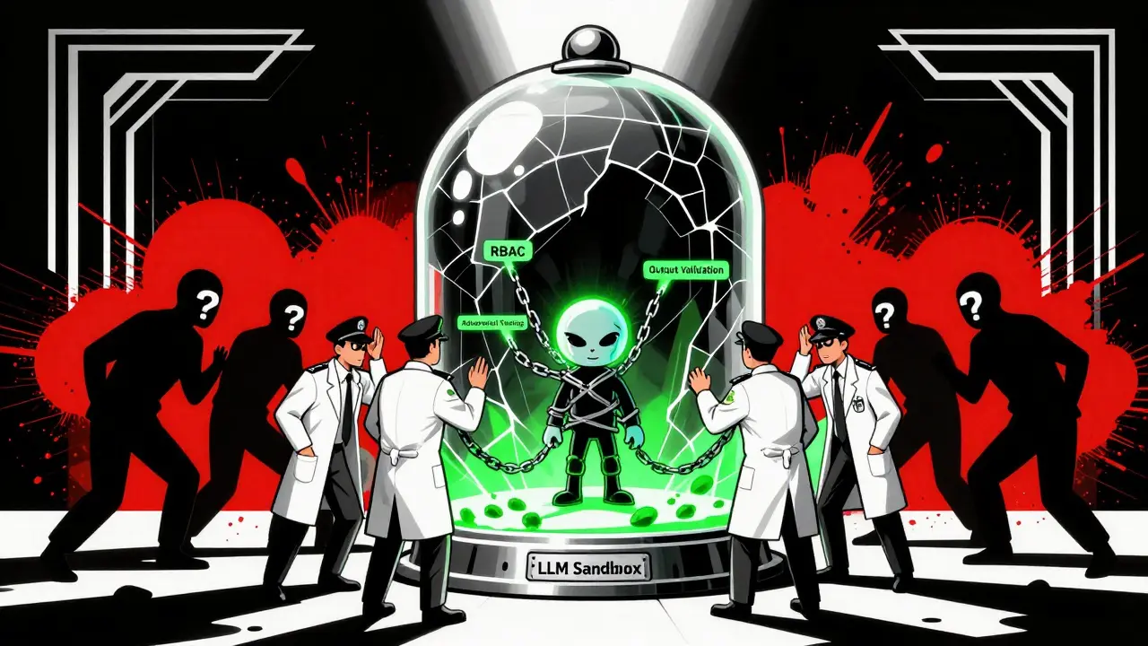 Security experts guard a glass dome isolating a restrained agent, while shadowy attackers try to break in.