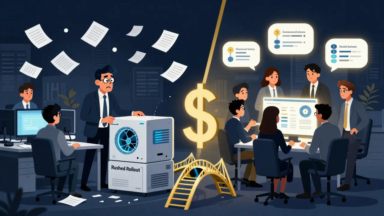 Split scene: chaotic failed AI rollout vs. harmonious team using AI with feedback loops and training modules.