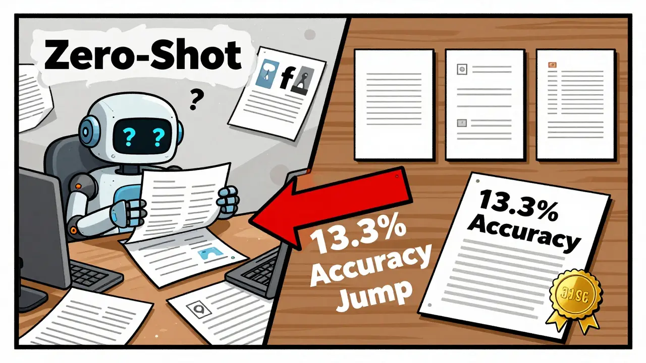 Split-screen illustration contrasting chaotic zero-shot confusion with orderly few-shot accuracy.