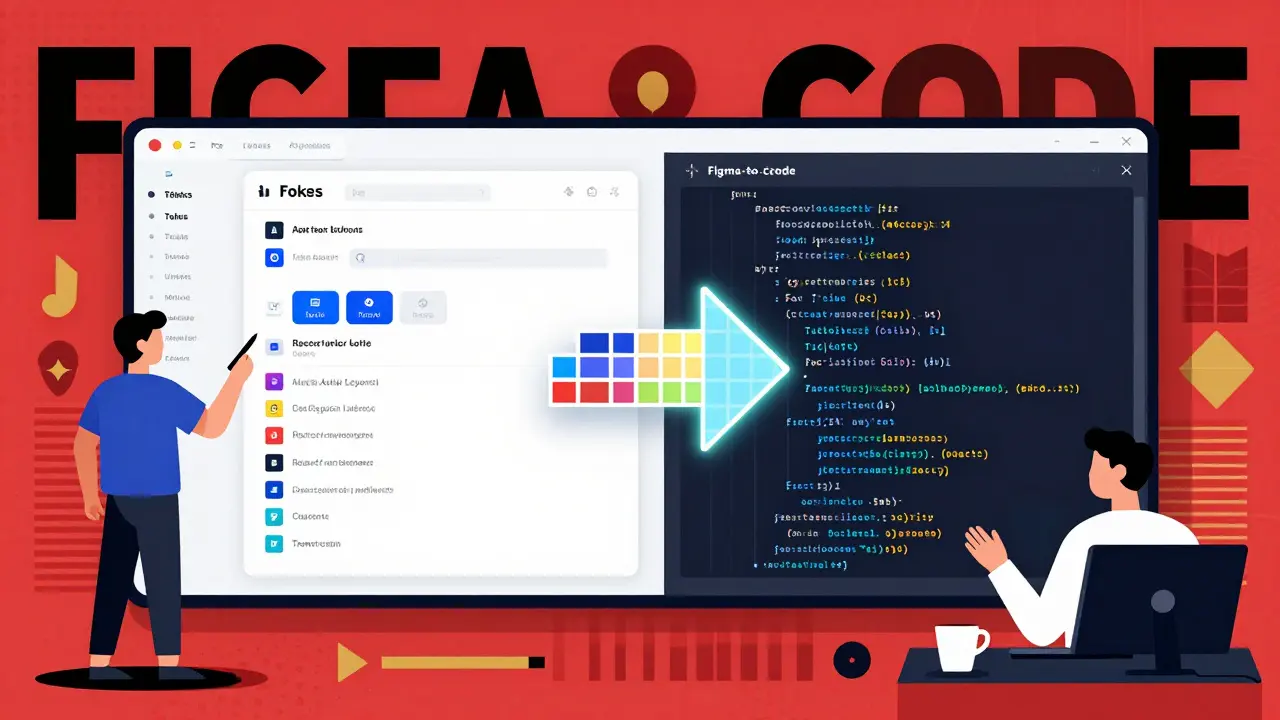 Split-screen view of a Figma design transforming into clean React and Tailwind code, connected by a glowing grid arrow.
