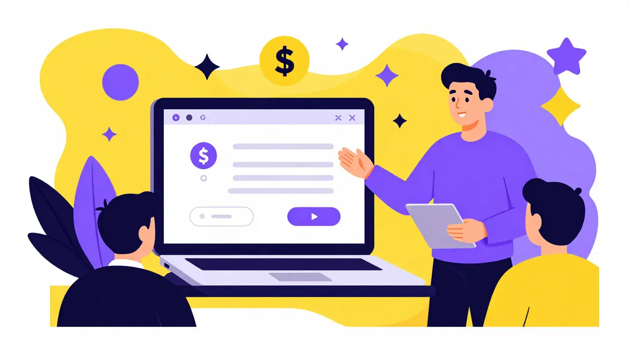 Startup founder presenting prototype to investors with dollar signs.