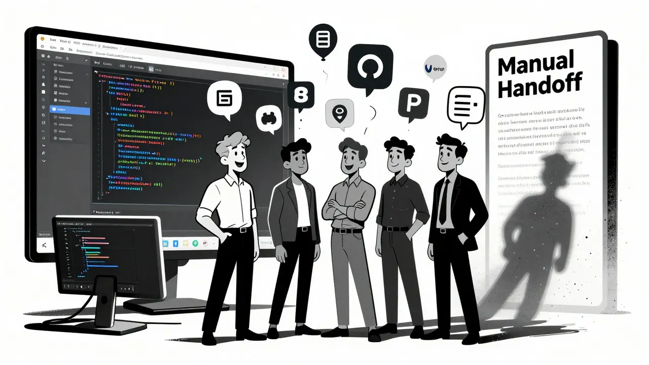 Team celebrating as AI-generated code streams into a live website, while outdated handoff methods fade away.