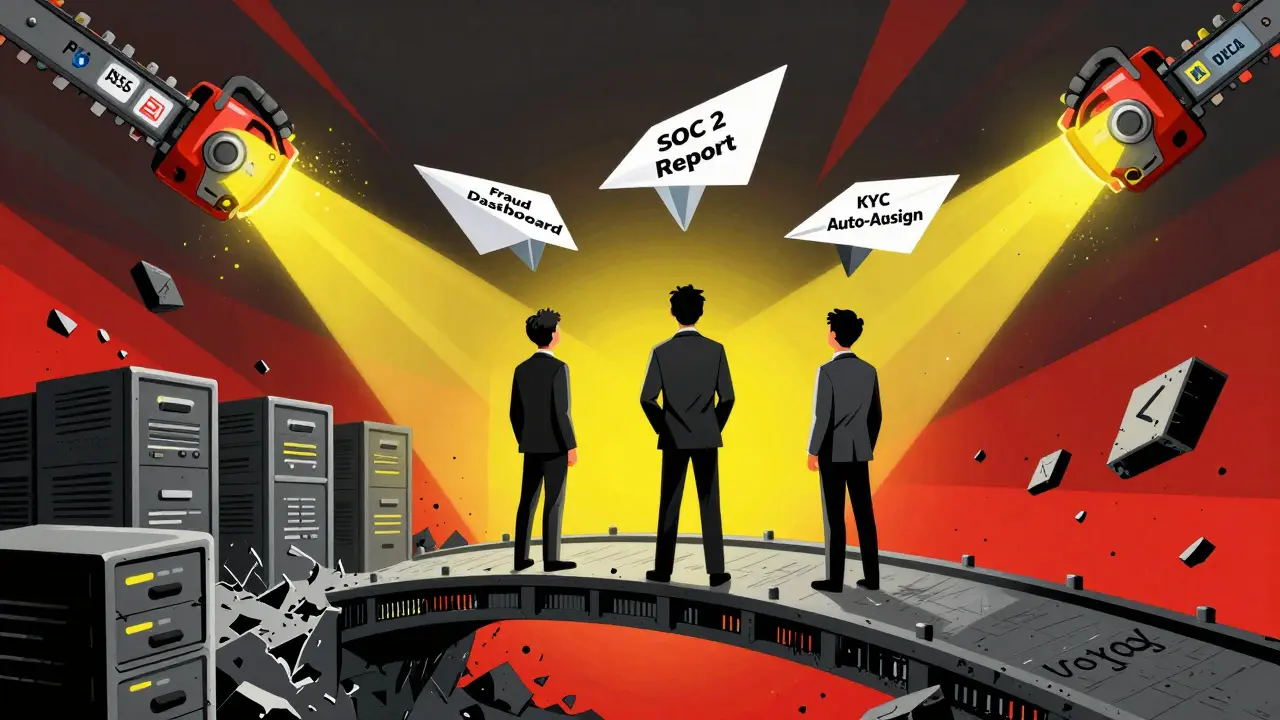 Three fintech roles watch AI-built tools fly over a chasm of outdated systems, guarded by compliance logos.