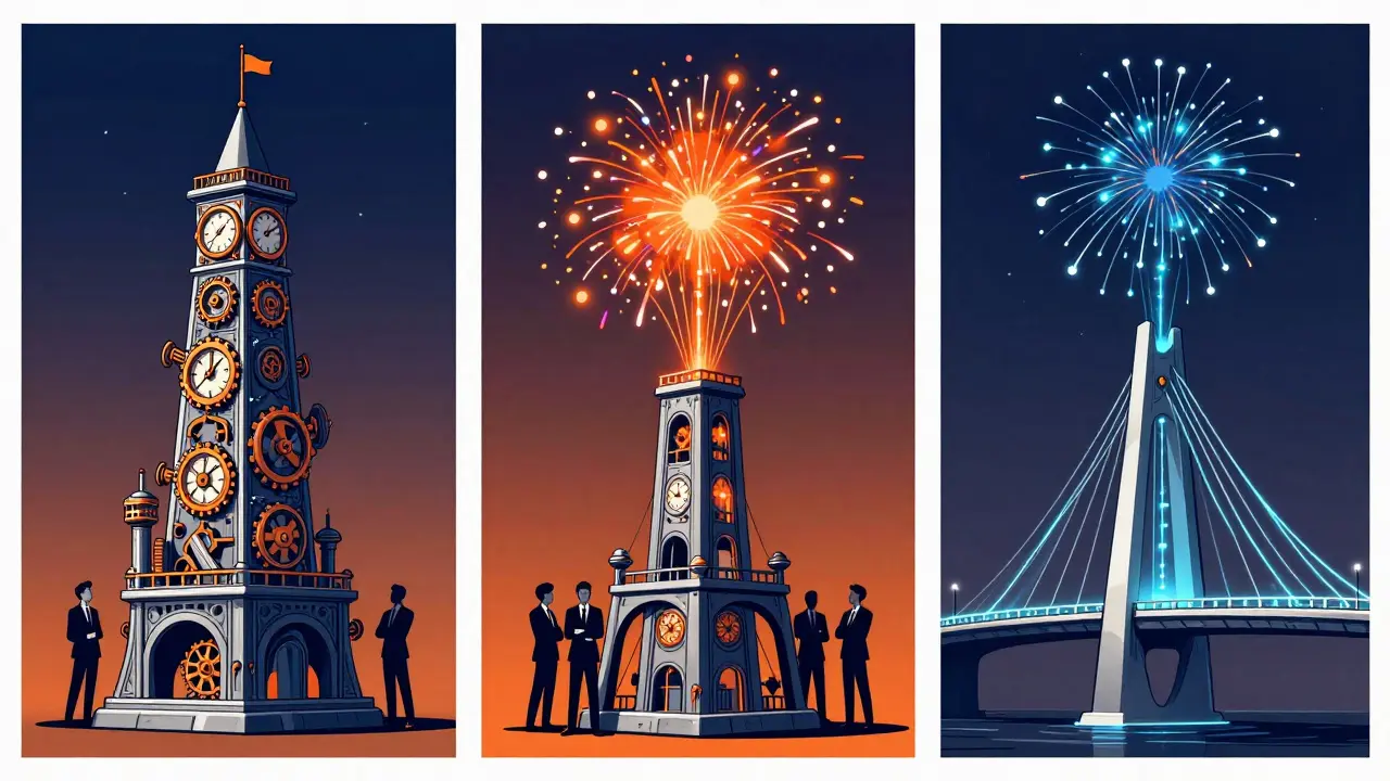 Three organizational models for AI represented as symbolic structures: tower, fireworks, and bridge.