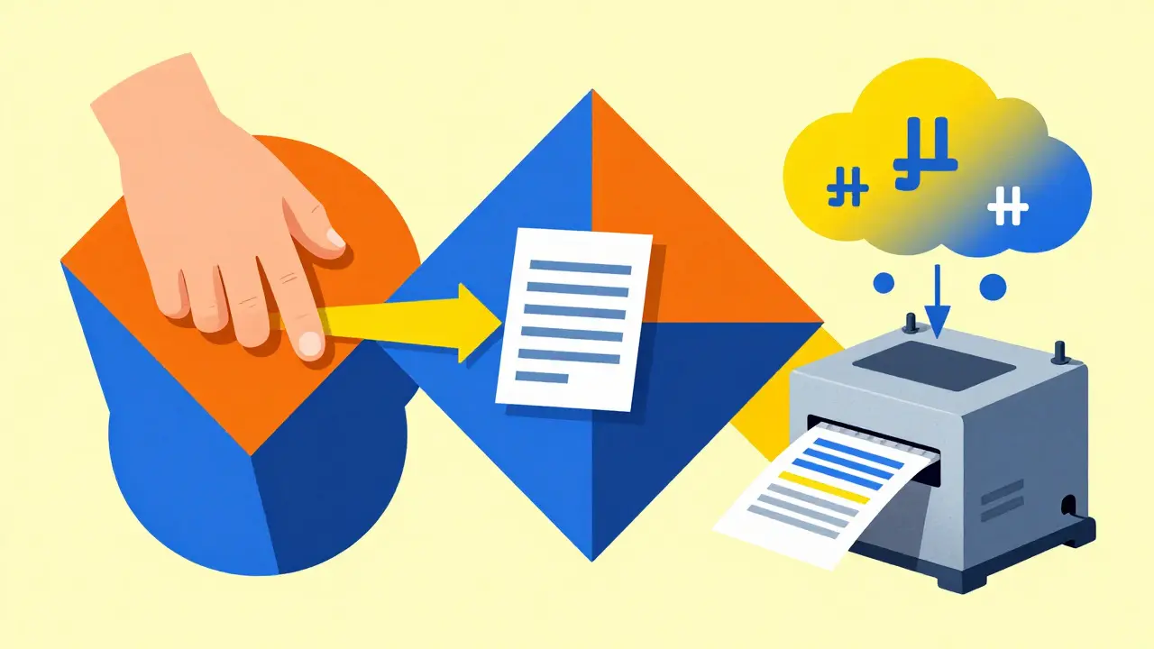 Three symbolic elements: input hand, machine outputs, data cloud in bold colors.