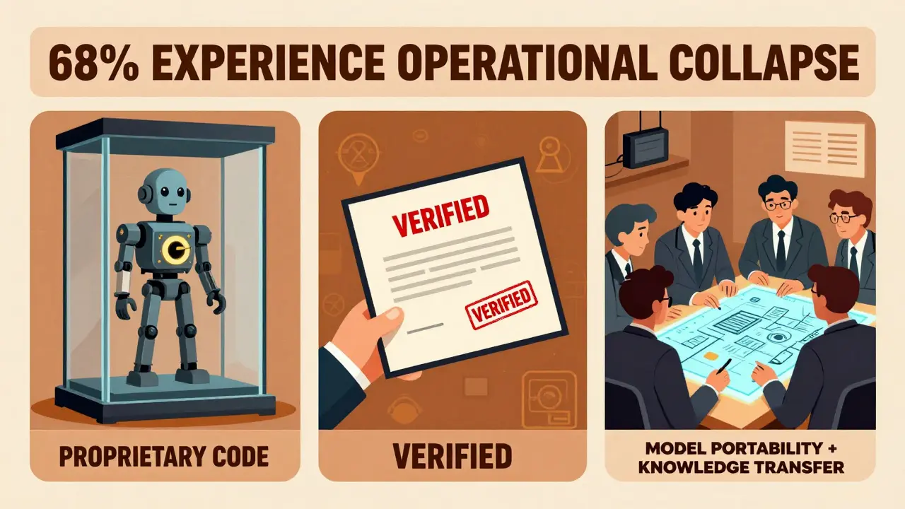 Triptych showing locked AI model, data destruction certificate, and team studying model blueprint for exit planning.