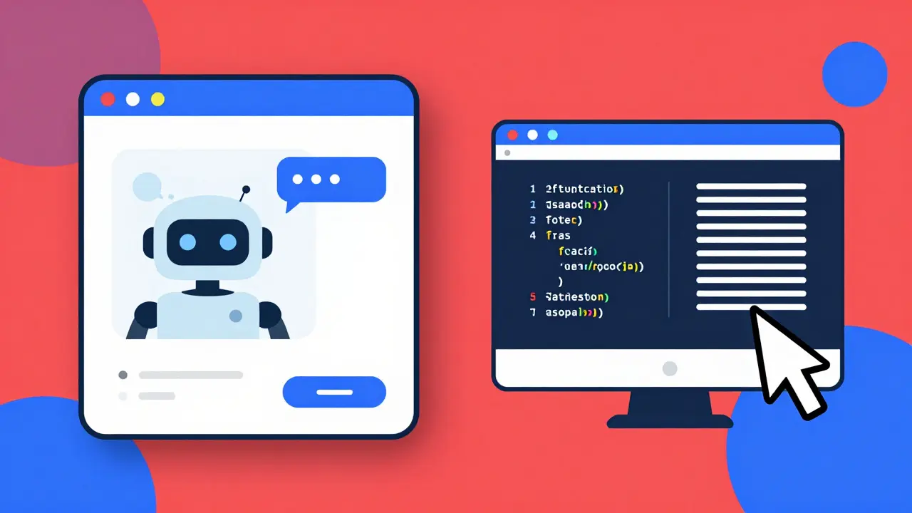 Two development tools: chat interface and code editor with cursor.