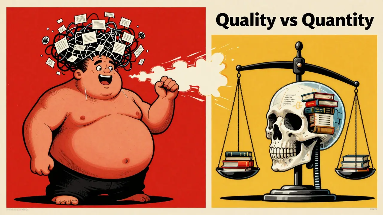 A bloated LLM on the left versus a lean, focused LLM on the right, with a scale showing quality over quantity.