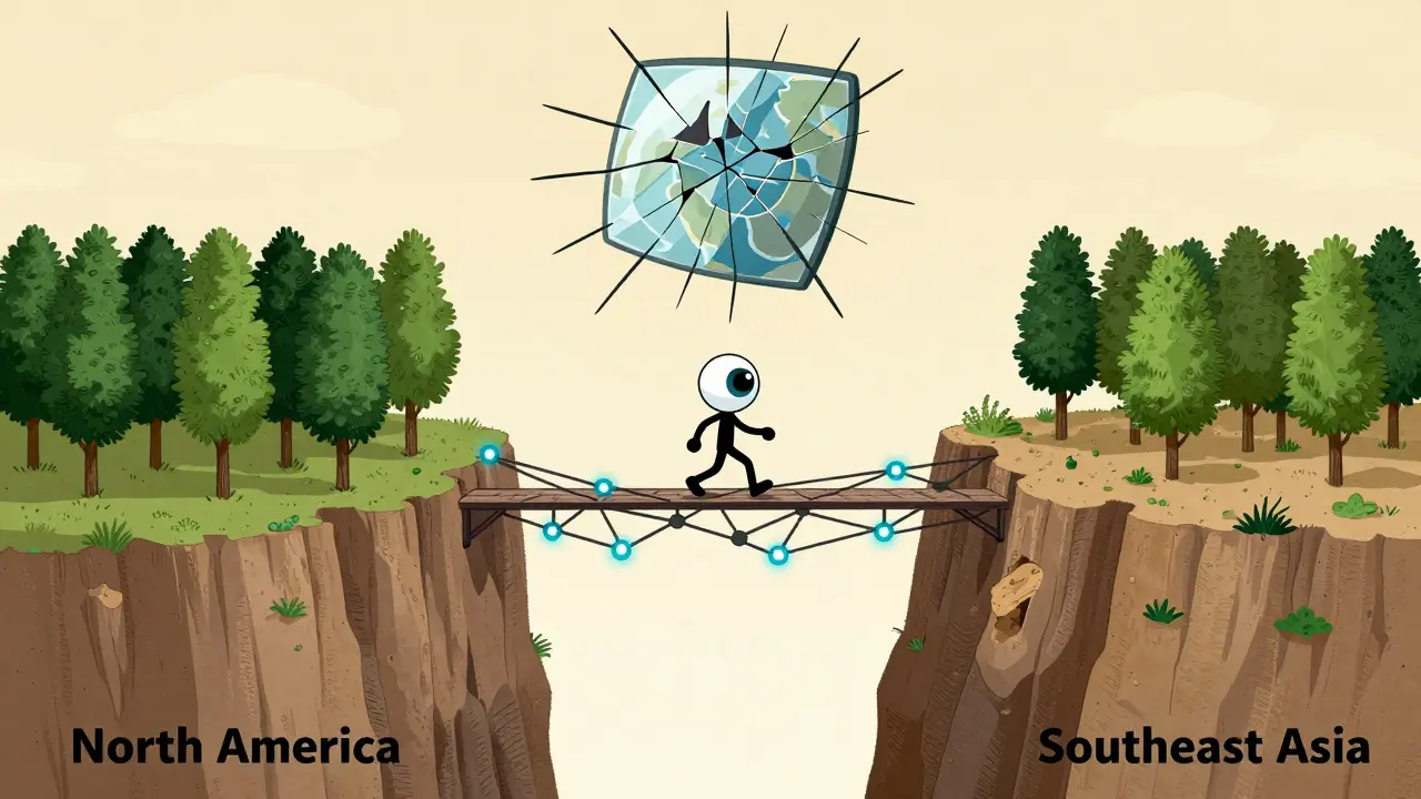 A bridge of data nodes between two landscapes symbolizing global inequality in synthetic data representation and AI performance.