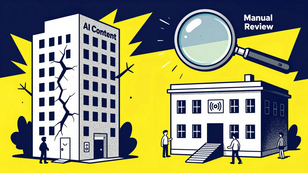 A building with inaccessible walls on one side and full accessibility on the other, under a magnifying glass labeled 'Manual Review'.