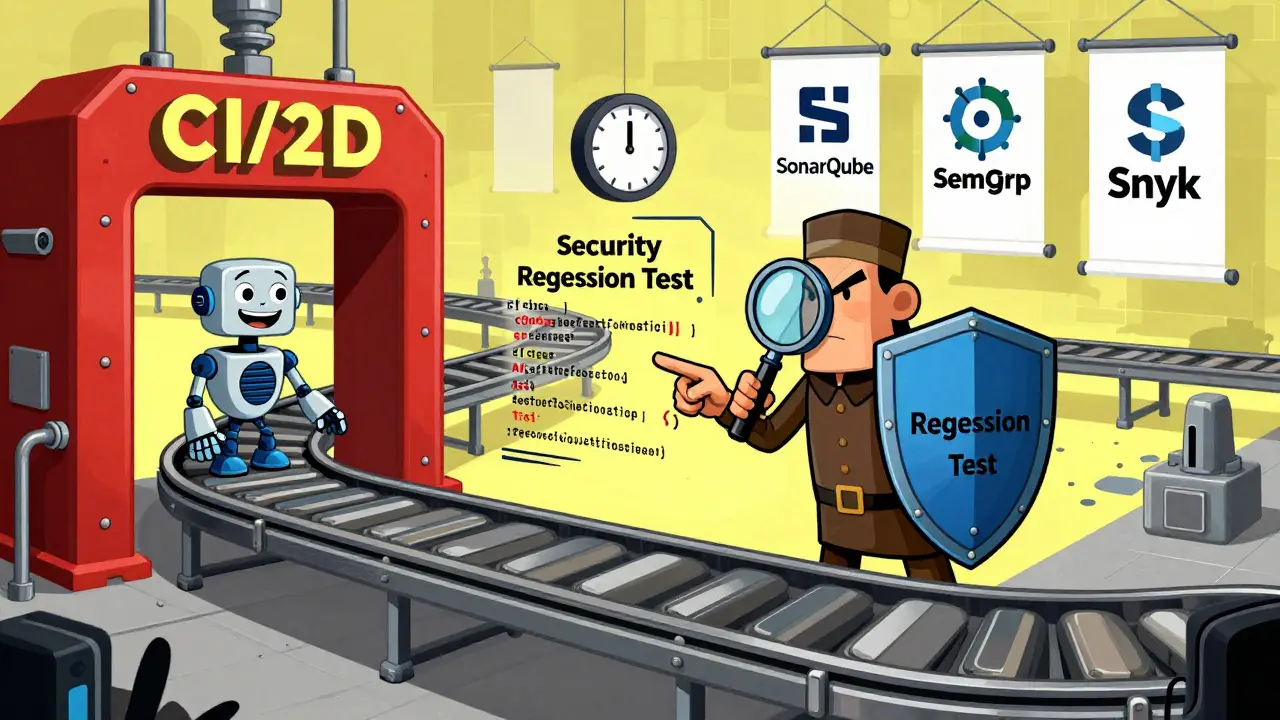A conveyor belt of AI-generated code stops at a security checkpoint where a guardian reveals a hidden authentication flaw.