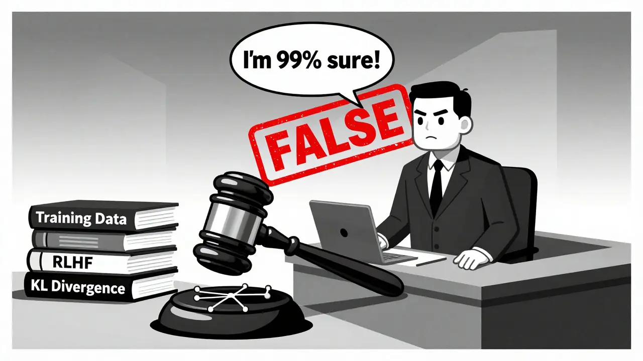 A courtroom where an AI avatar confidently claims 99% certainty while a giant 'FALSE' stamp crashes down, surrounded by books on training data and calibration.