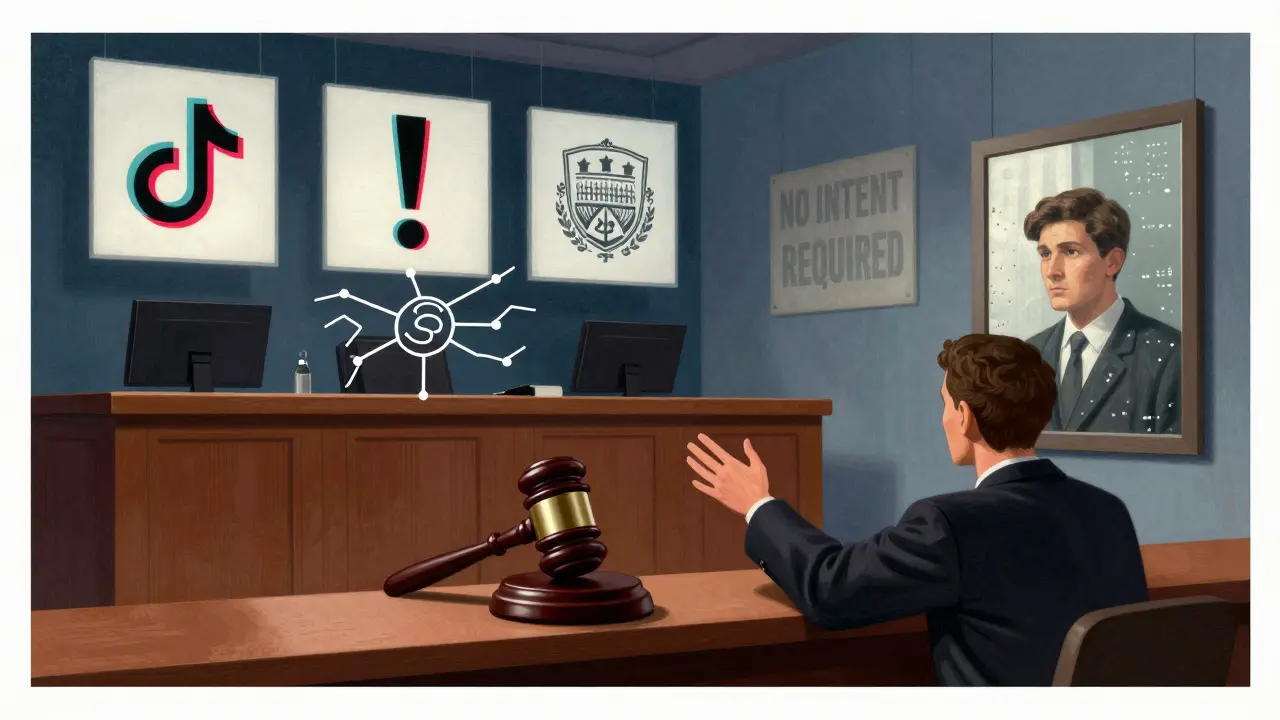 A courtroom with a neural network gavel, floating proxies like TikTok and exclamation points, and a mirror reflecting only data points instead of a person.