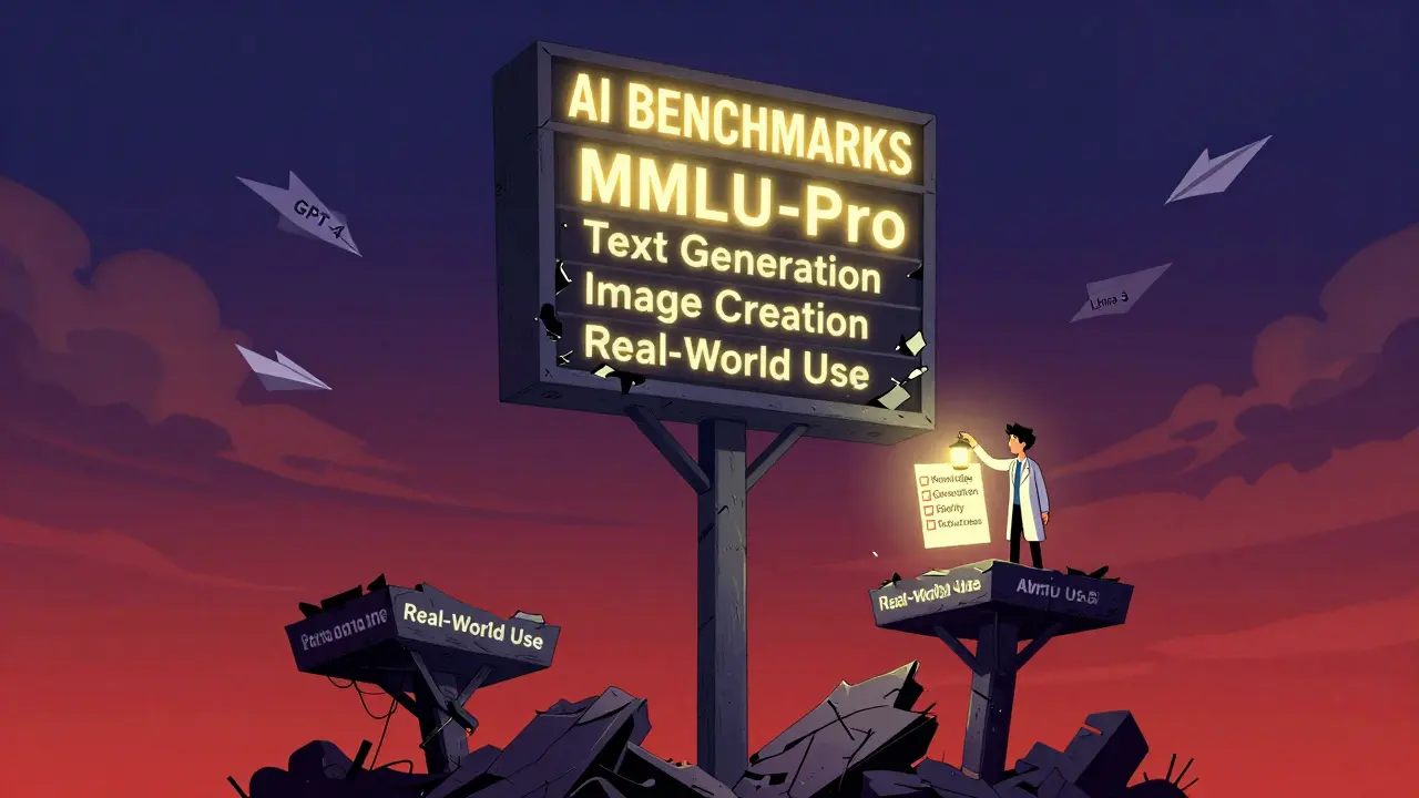 A crumbling AI benchmark scoreboard with one glowing pillar, as a lone figure holds a lantern of layered evaluation.