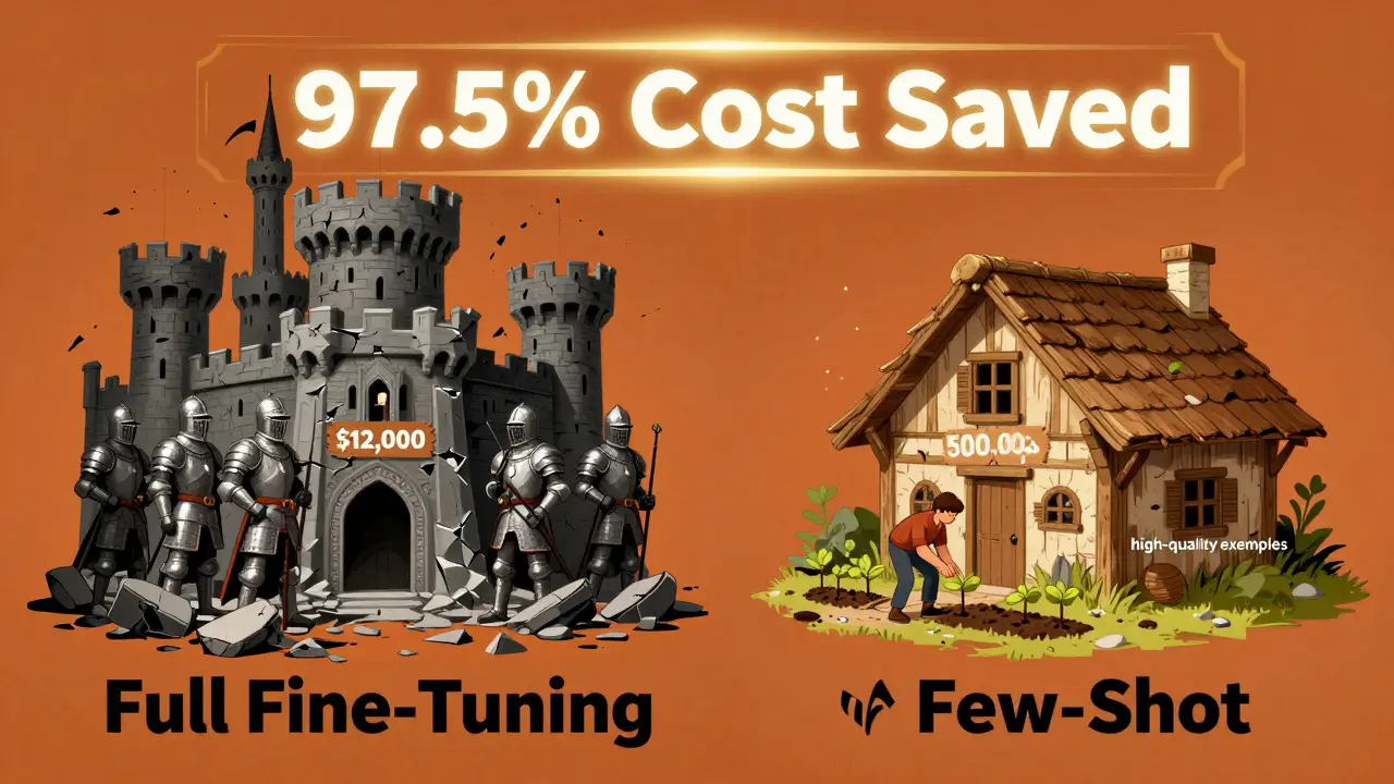 A crumbling castle of full fine-tuning contrasts with a humble cottage of few-shot learning, symbolizing 97.5% cost reduction.