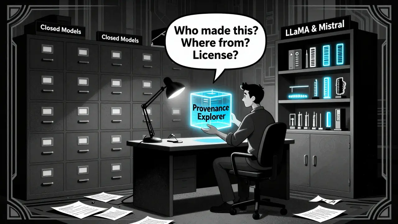 A developer holds a transparent data cube labeled 'Provenance Explorer' while behind them, open-source models glow beside locked, dark cabinets.