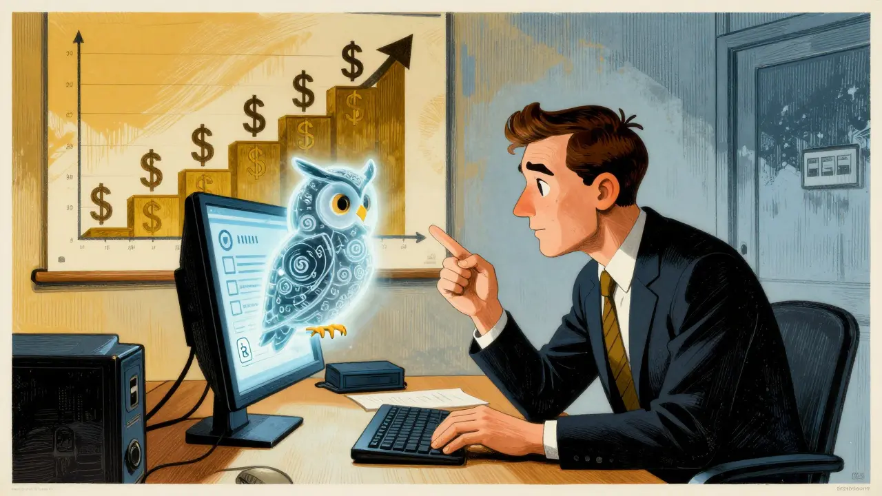 A financial advisor and an AI owl made of numbers, with a rising graph poster on the wall in vibrant poster style.