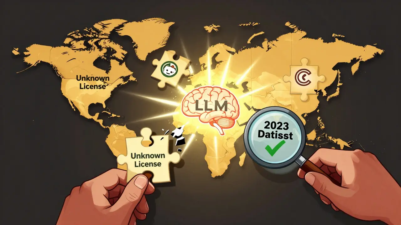 A fragmented world map made of unknown data pieces, some glowing, others shattered, as an LLM brain emits rays that interact with them.