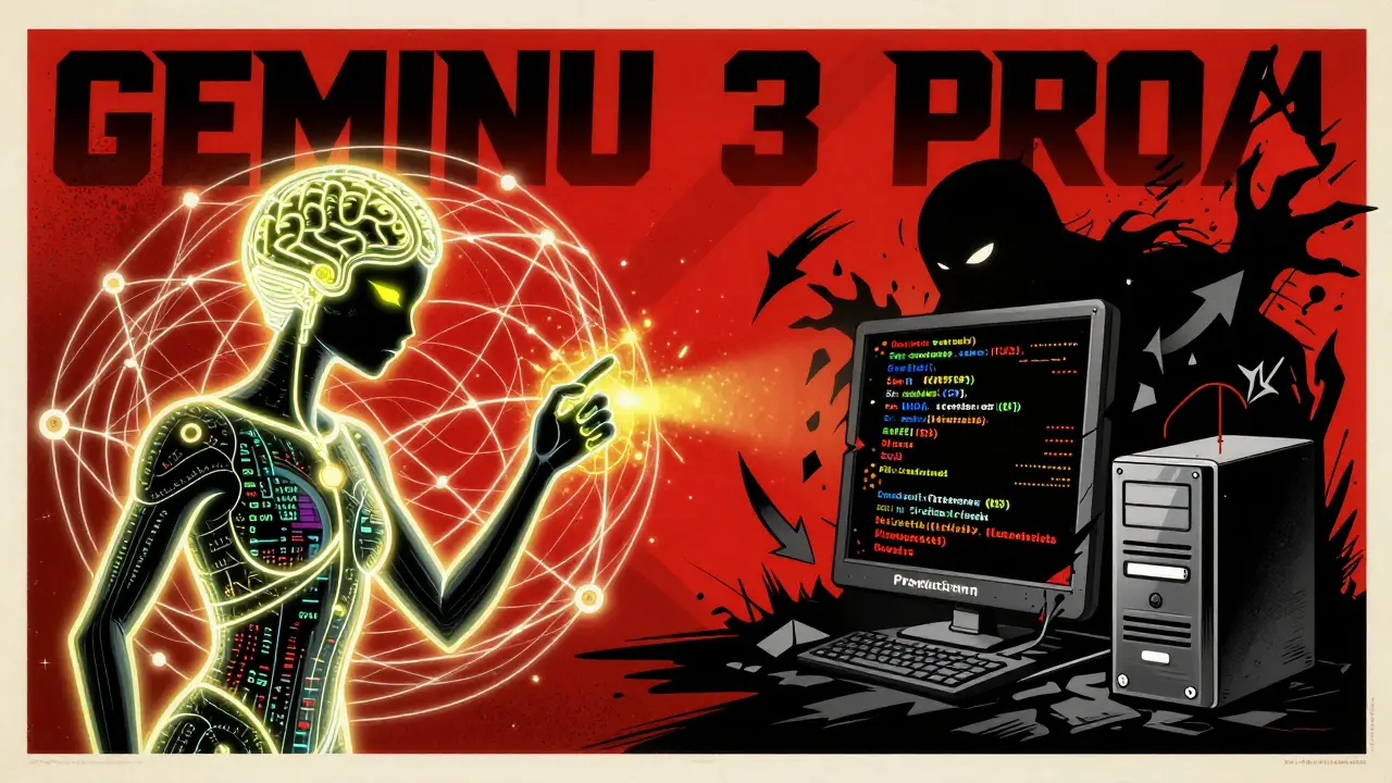 A giant AI brain analyzes a code web while shadowy security threats crumble beneath it, in bold poster art style.