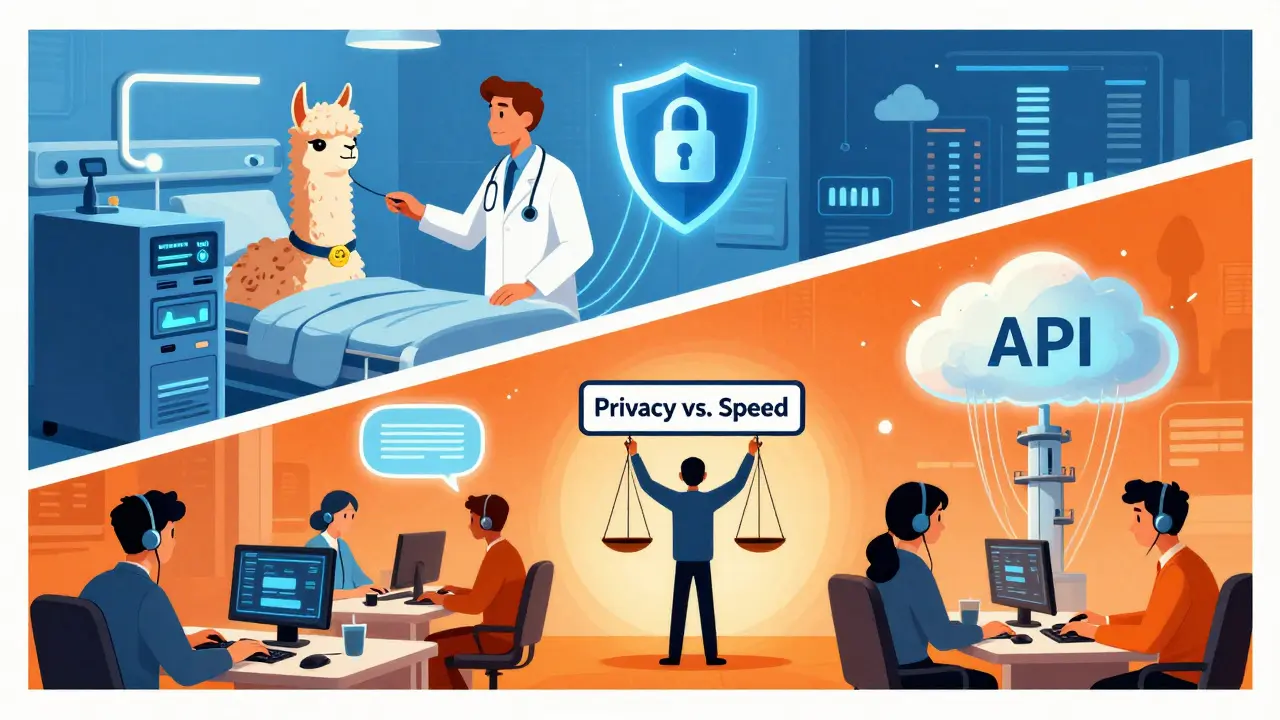 A hospital and call center divided by a scale, showing private data security versus cloud data transmission in stylized poster art.