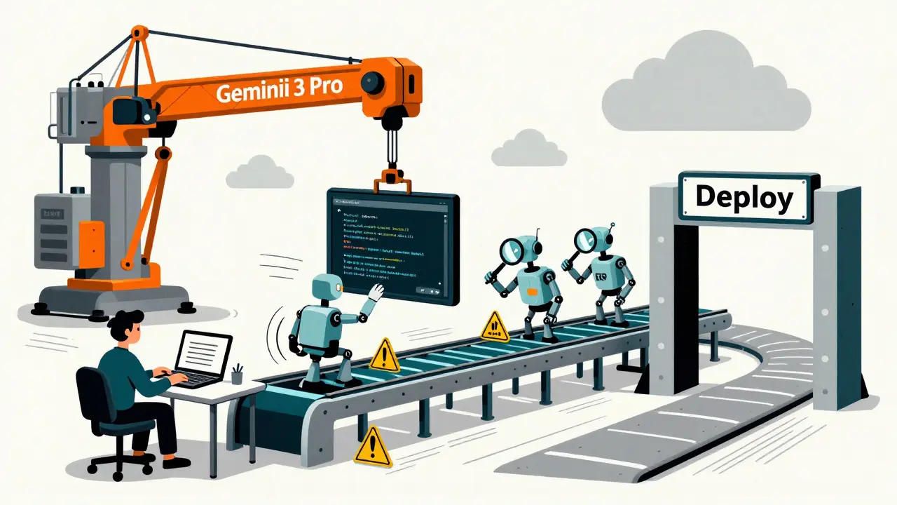 A hybrid coding workflow shows local and cloud AI tools inspecting code before deployment, in stylized poster design.