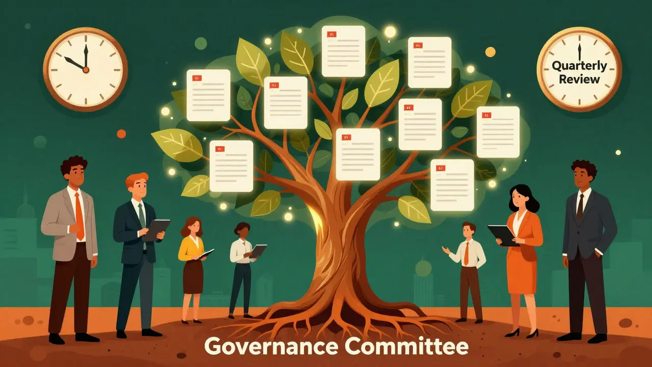 A living tree of contract clauses grows from a governance foundation, with quarterly reviews marked by a glowing clock.