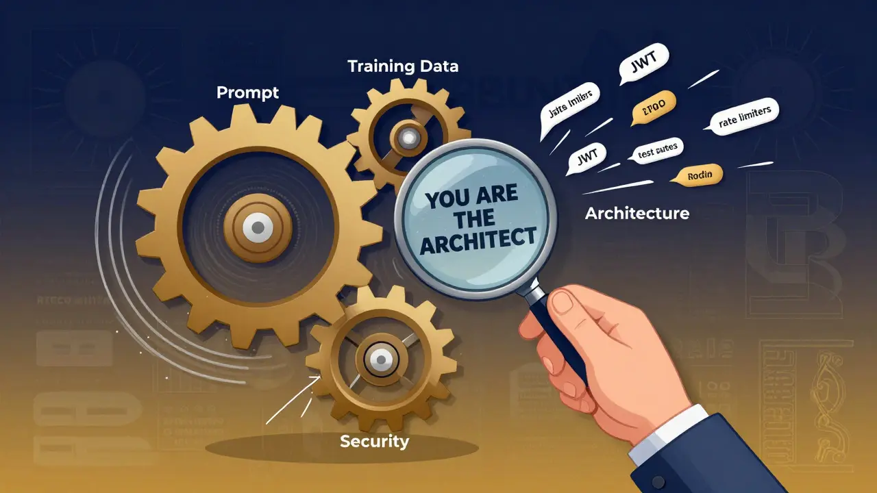 A machine with gears labeled by coding concepts, turned by junior and senior hands, under a human's magnifying glass.