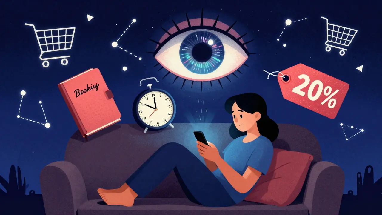 A nighttime shopper surrounded by personalized product suggestions and a cosmic AI eye watching in surreal poster art.