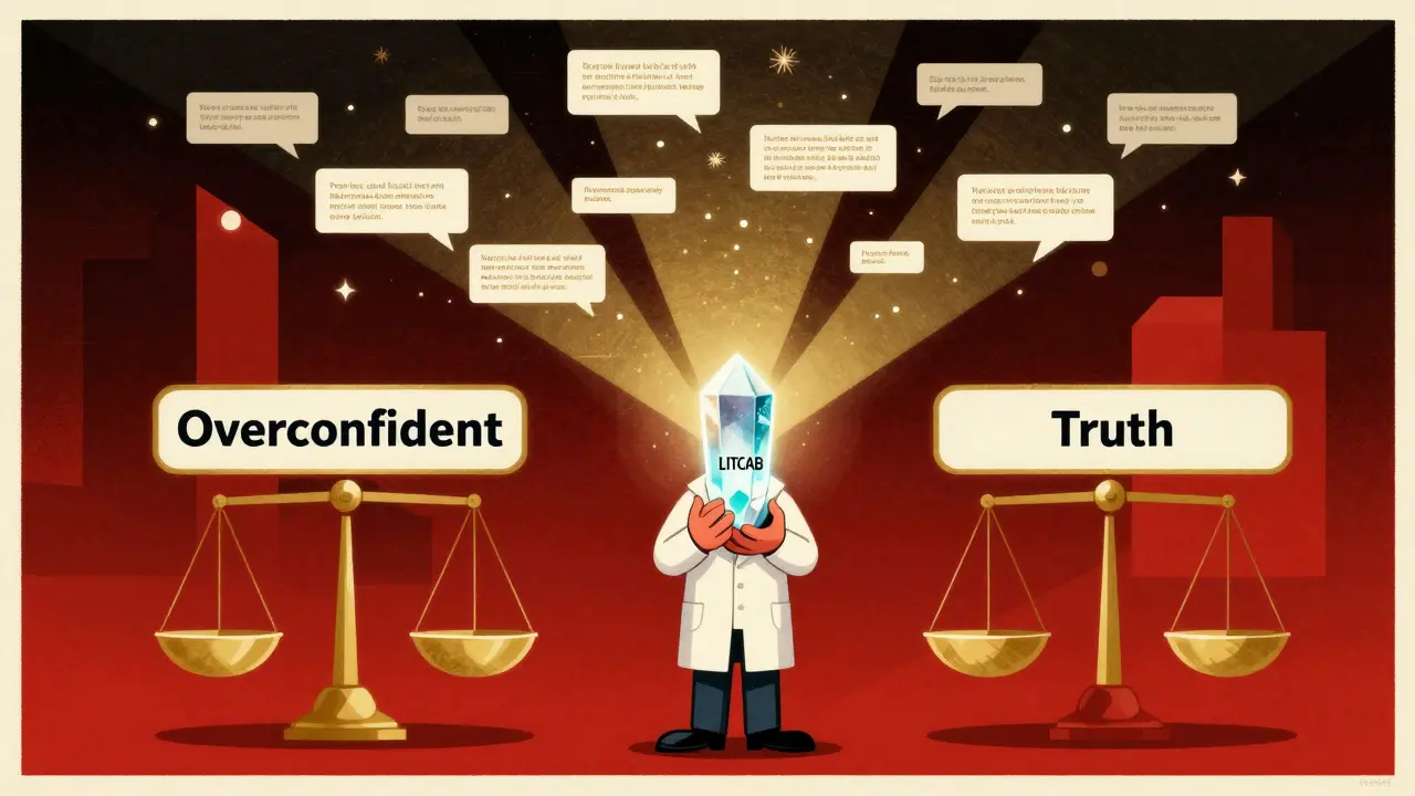 A scientist holding a glowing LITCAB crystal that calibrates chaotic AI outputs, with balanced confidence scales and abstract reliability diagrams in the background.