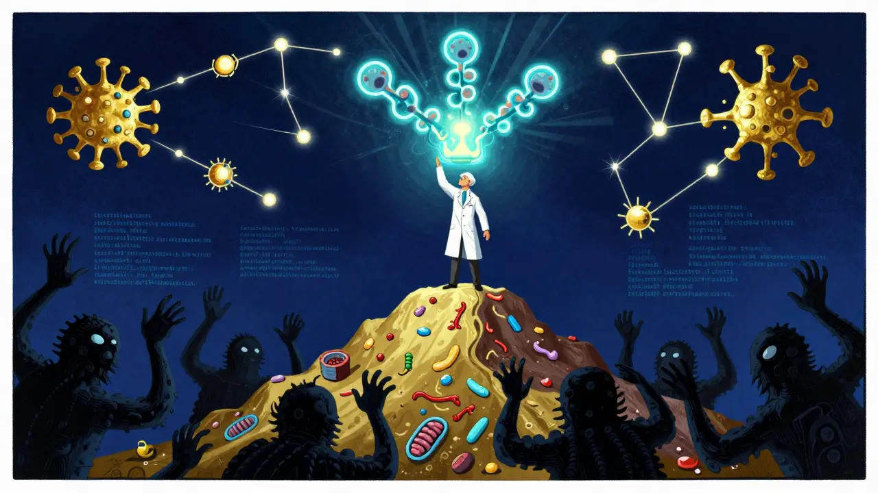 A scientist stands atop discarded natural proteins, holding a radiant AI-designed scaffold as shadowy biosecurity threats reach up below.