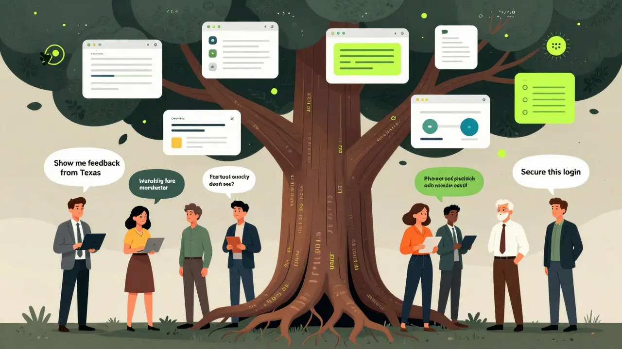 A tree of code grows into AI-generated apps, with diverse users offering natural language prompts.