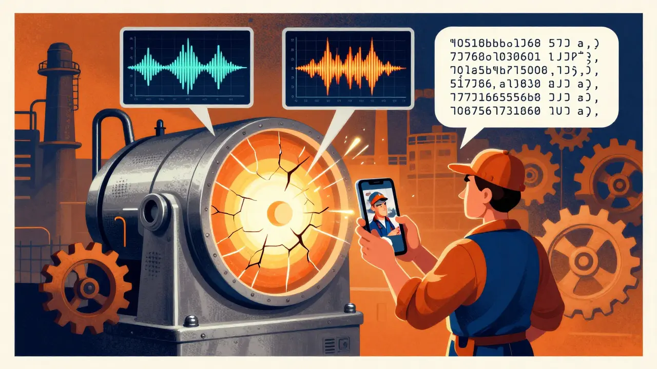 A worker examines a broken machine while floating data links its visual damage to sound patterns.