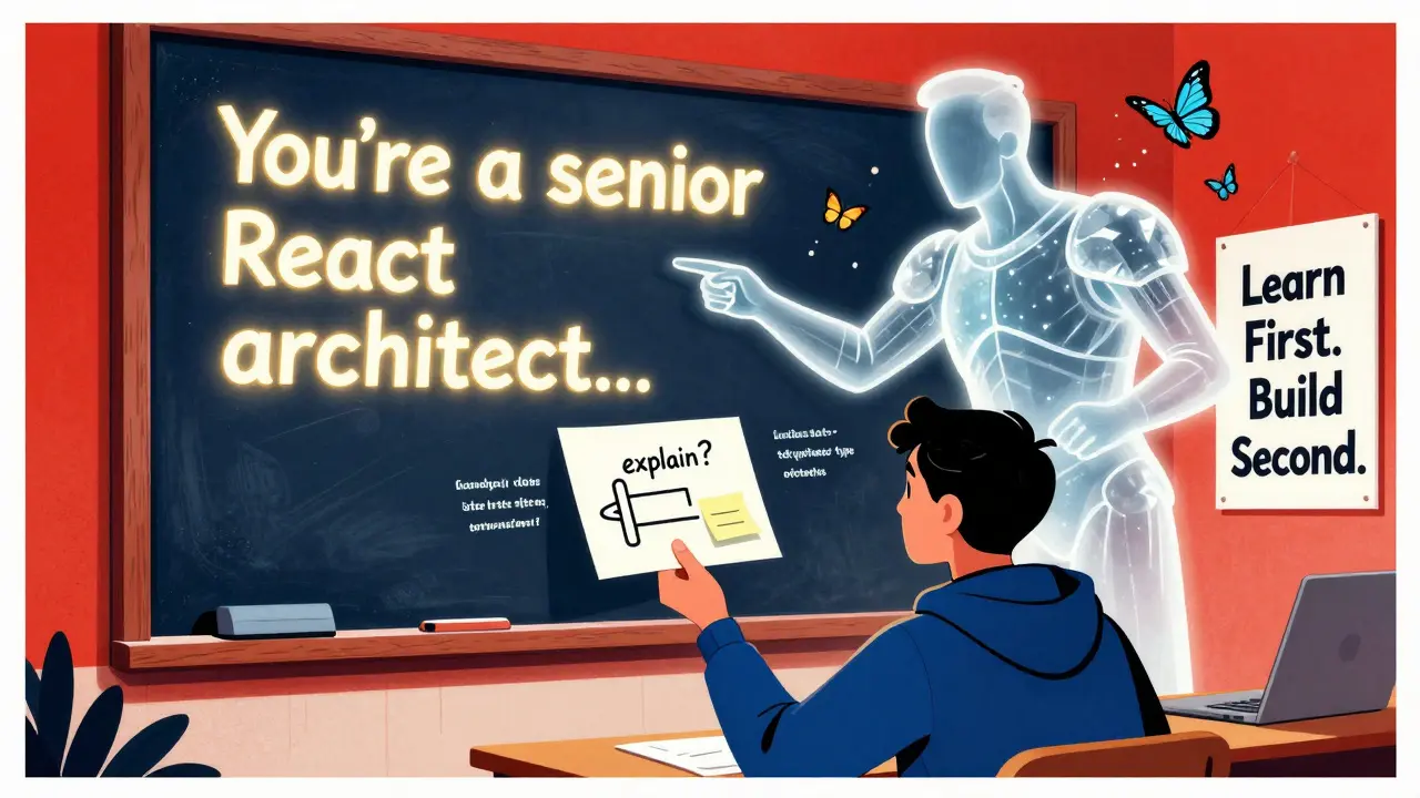 A young developer learning from a translucent senior architect, with test suites as butterflies and TypeScript as armor.