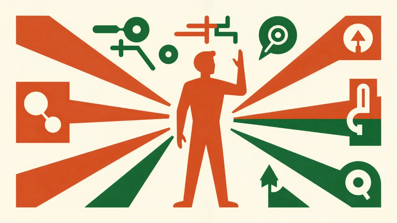 Abstract consultant figure standing at a crossroads with branching paths.