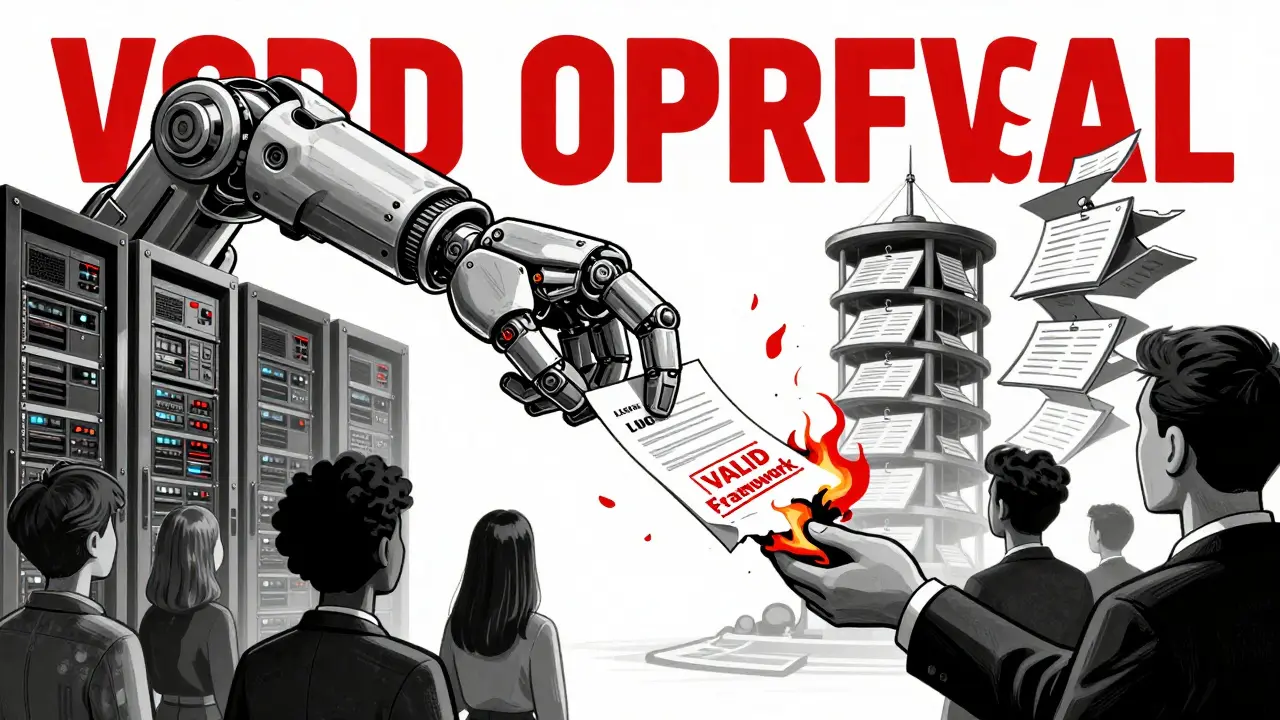 An AI arm offers loans to diverse people, but one slip burns as humans validate logs in a towering archive.