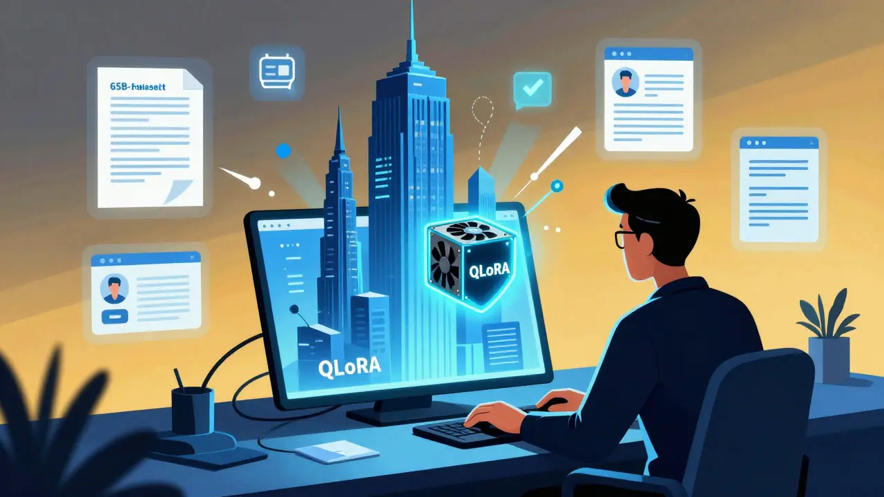 An engineer works on a laptop with a glowing RTX 4090 GPU, processing legal and medical documents as a massive model shrinks into a cube.