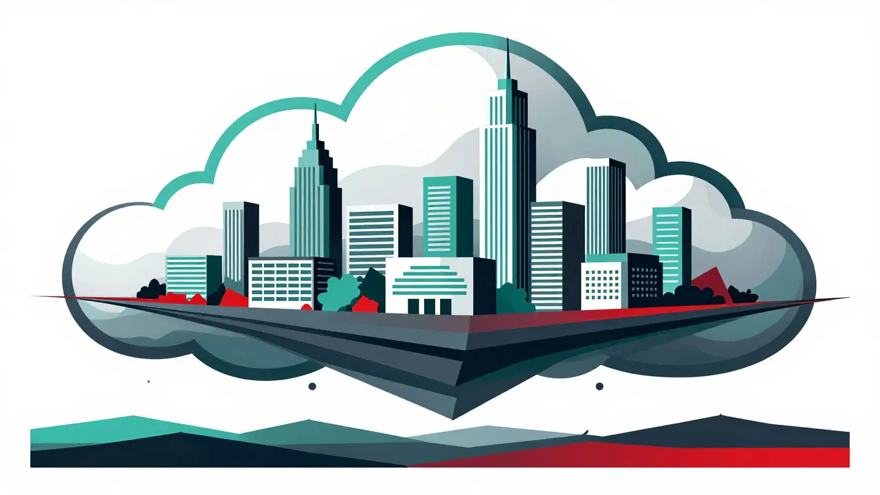 Cloud shape creating automated building structures below.