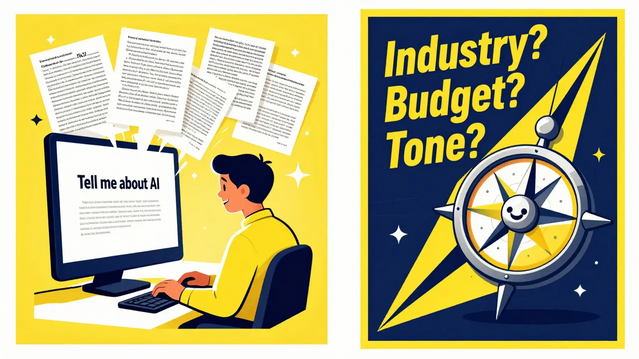 Contrasting AI responses: chaotic guesswork vs. structured clarification questions in Polish poster design.
