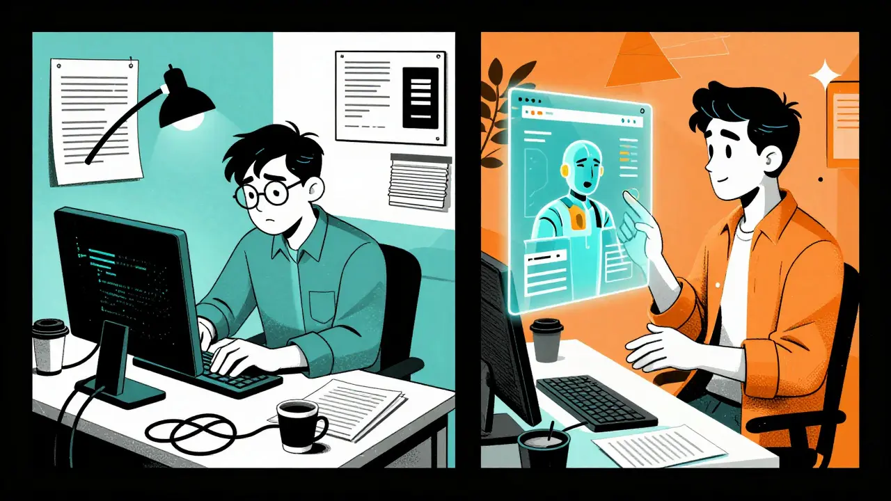 Contrasting scenes: chaotic traditional coding vs. calm AI-assisted development in bold poster style.