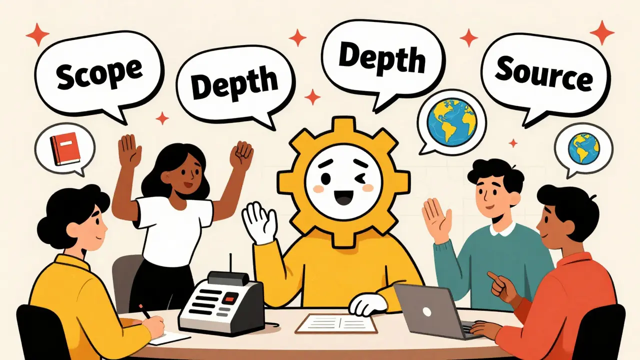 Diverse users collaborate with an AI depicted as a gear-face asking targeted questions in stylized poster art.