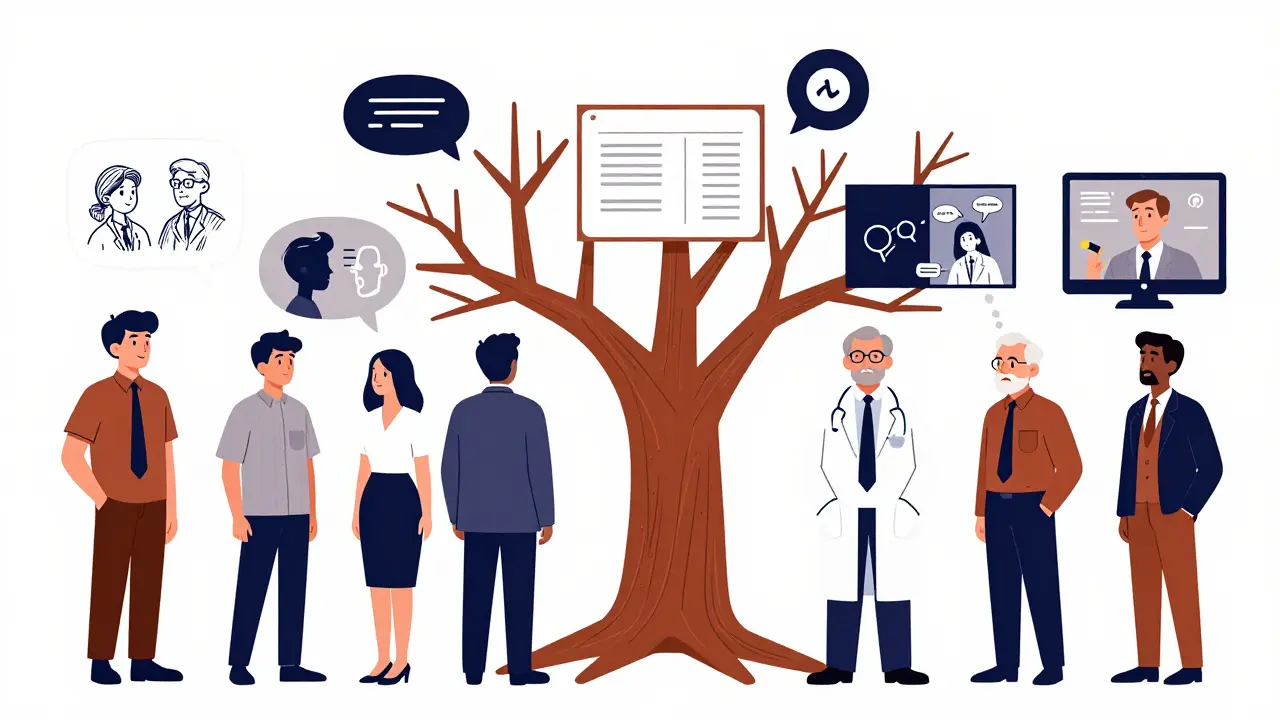 Diverse users connect modalities into a tree of responsive outputs, rendered in bold symbolic forms.