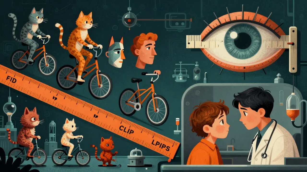 Floating AI-generated images judged by a ruler-eye, with metrics tilting as realism and correctness clash.