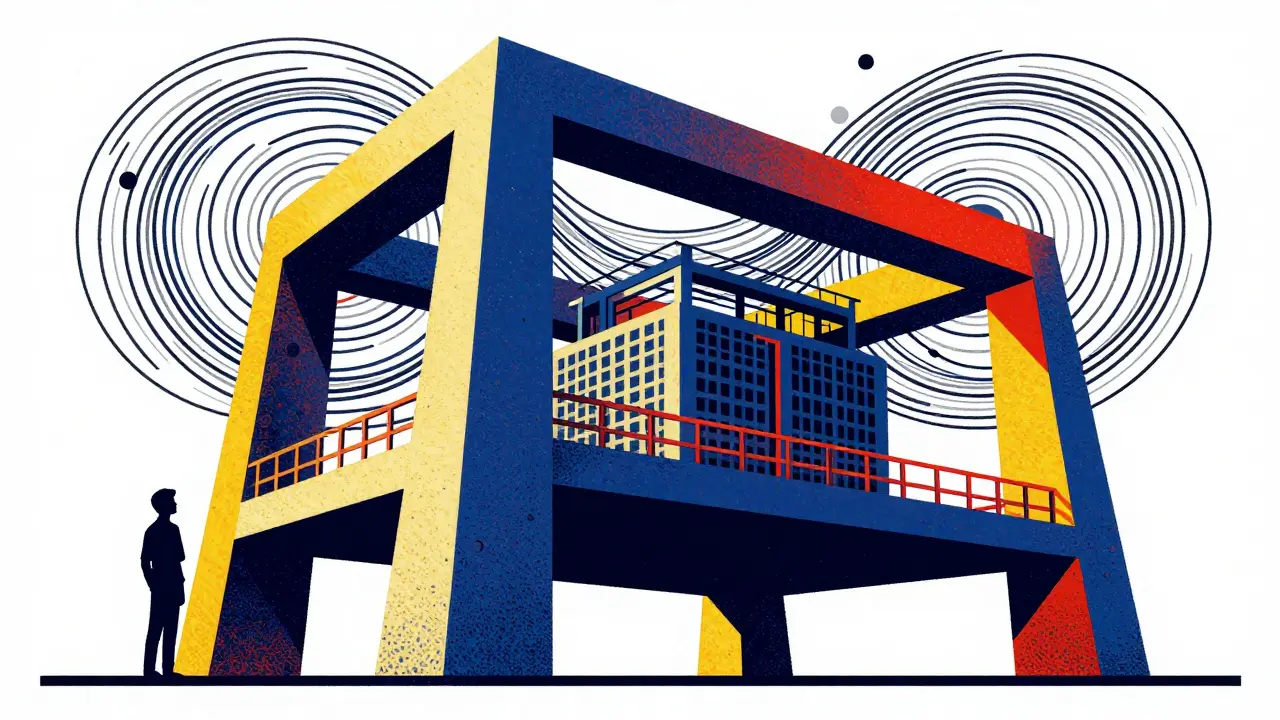 Geometric architectural framework holding up digital structure against chaos.