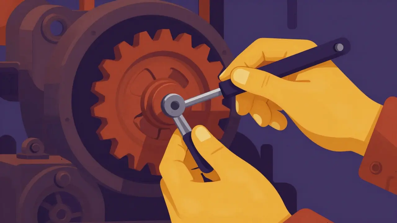 Hand adjusting a single gear within a large machine.